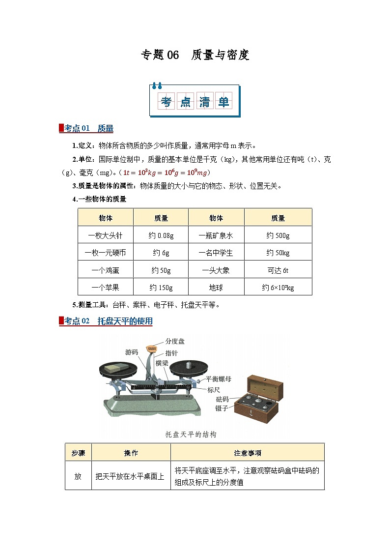 八上物理人教版2024期末复习 专题06 质量与密度（word）知识点+习题（解析版）第1页