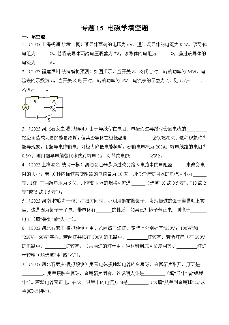 中考物理三轮冲刺易错题精练专题15 电磁学填空题（原卷版）第1页