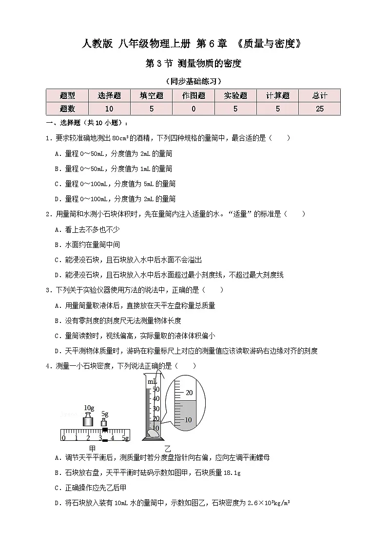 （人教版）八年级物理上册同步讲与练6.3测量物质的密度（同步练习）原卷版第1页