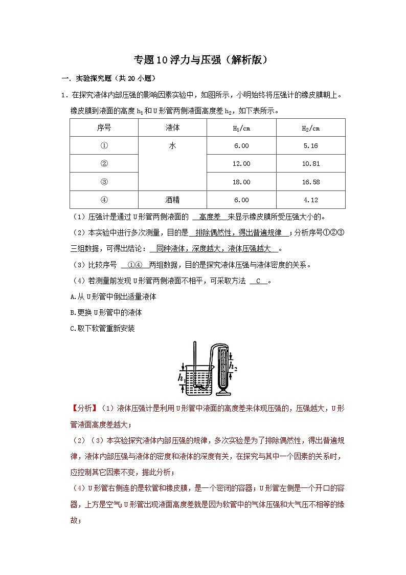 中考物理一轮复习实验与探究训练专题10 浮力与压强（解析版）第1页