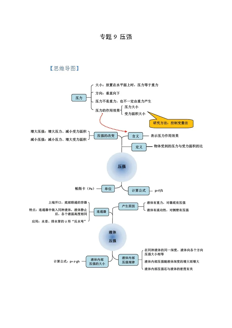 中考物理一轮复习考点讲与练专题9 压强（解析版）第1页