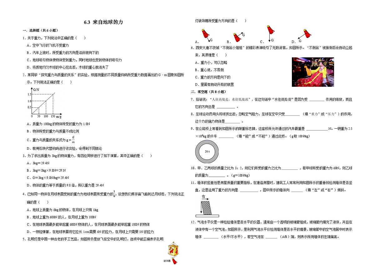 6.3 来自地球的力 同步练习 2025-2026学年沪科版八年级物理全一册（含答案+解析）第1页