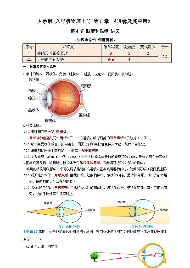 （人教版）八年级物理上册同步考点讲与练5.4眼睛和眼镜（讲义）学生版第1页