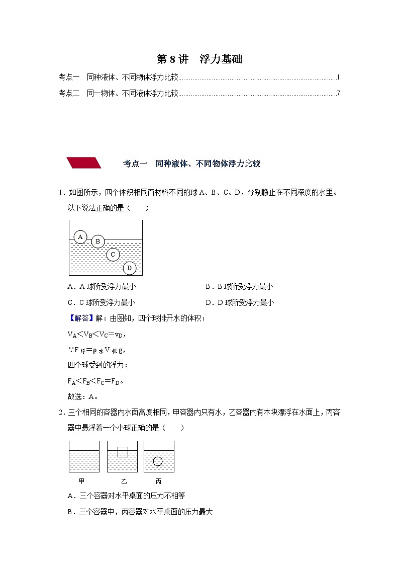 中考物理一轮复习讲义+练习第8讲 浮力基础（强化训练）（解析版）第1页