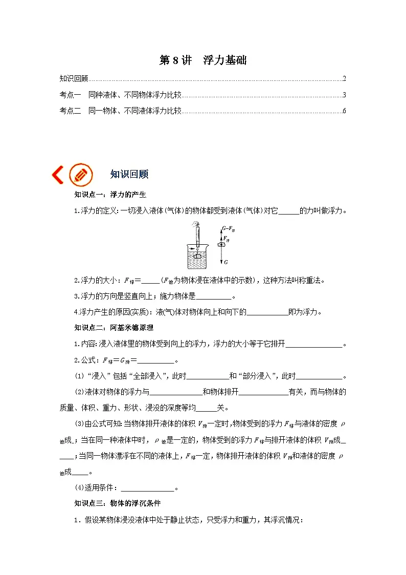 中考物理一轮复习讲义+练习第8讲 浮力基础（讲义）（解析版）第1页