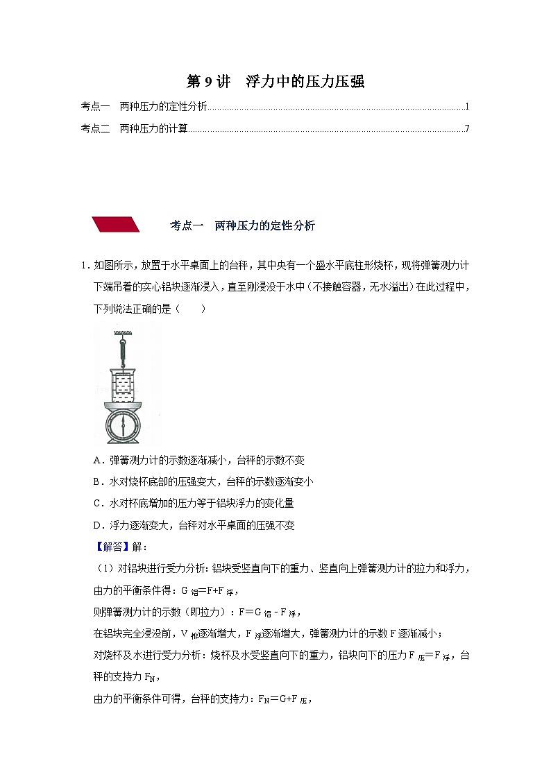 中考物理一轮复习讲义+练习第9讲  浮力中的压力压强（强化训练）（解析版）第1页