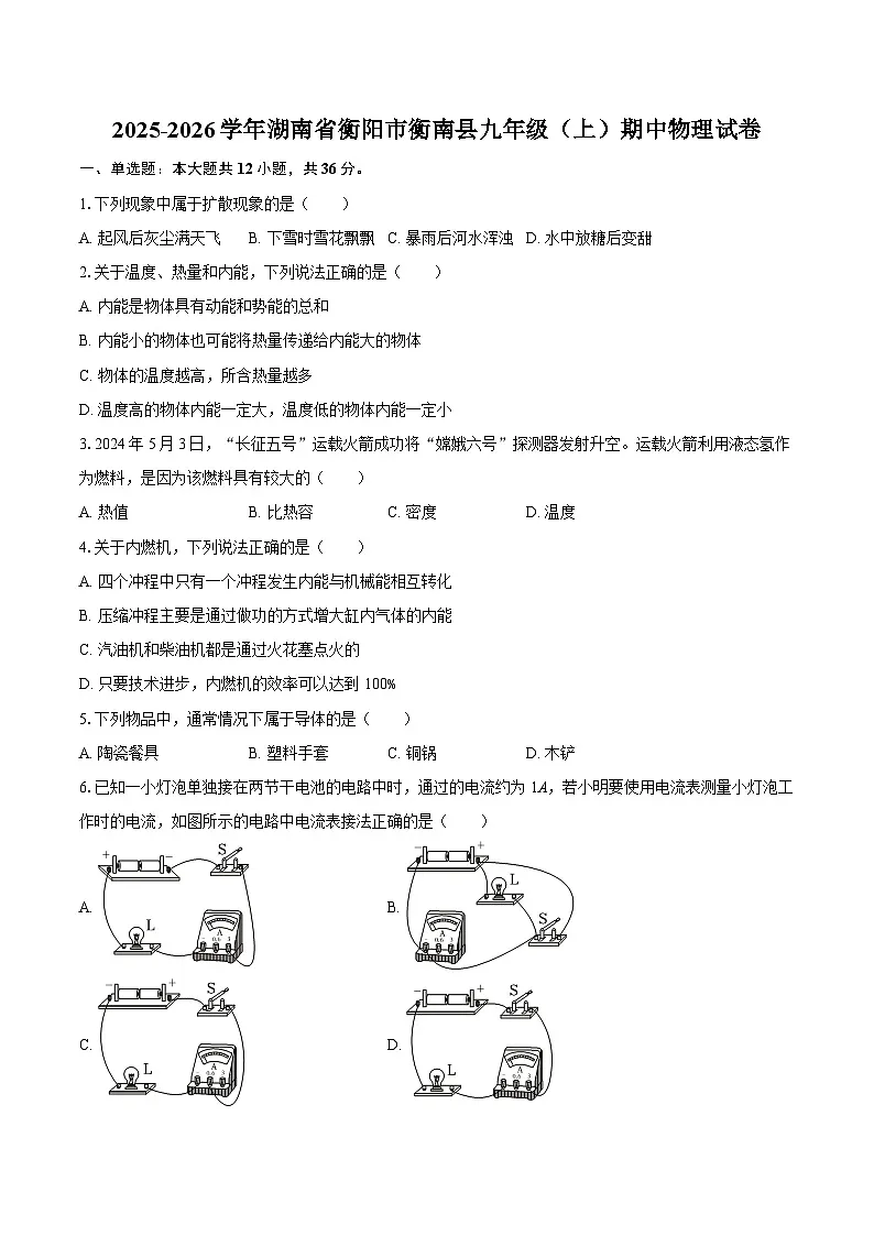 2025-2026学年湖南省衡阳市衡南县九年级（上）期中物理试卷-自定义类型第1页