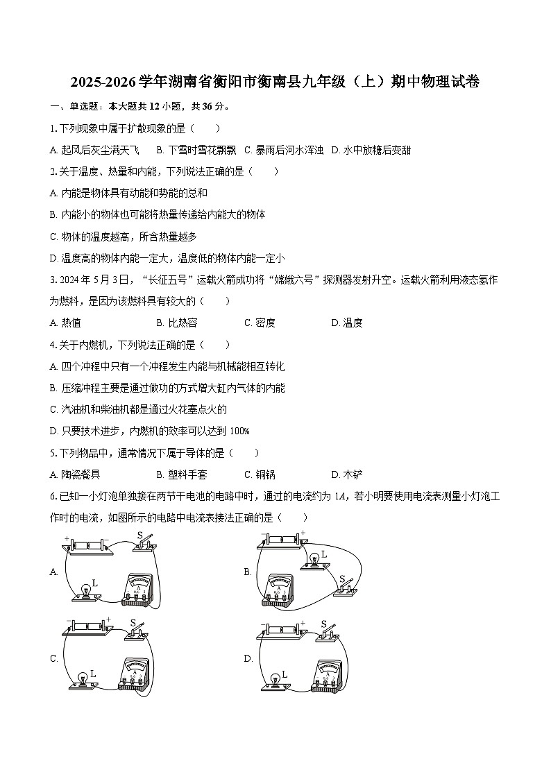 2025-2026学年湖南省衡阳市衡南县九年级（上）期中物理试卷-自定义类型第1页