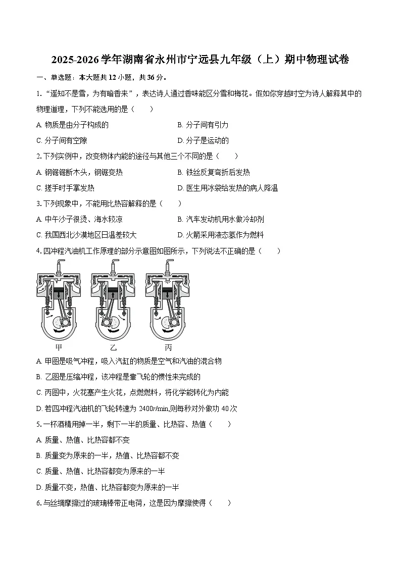 2025-2026学年湖南省永州市宁远县九年级（上）期中物理试卷-自定义类型第1页