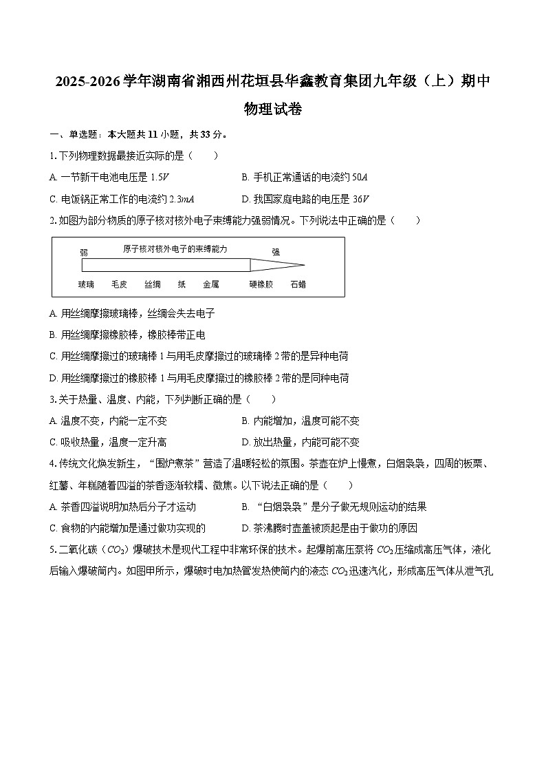 2025-2026学年湖南省湘西州花垣县华鑫教育集团九年级（上）期中物理试卷-自定义类型第1页