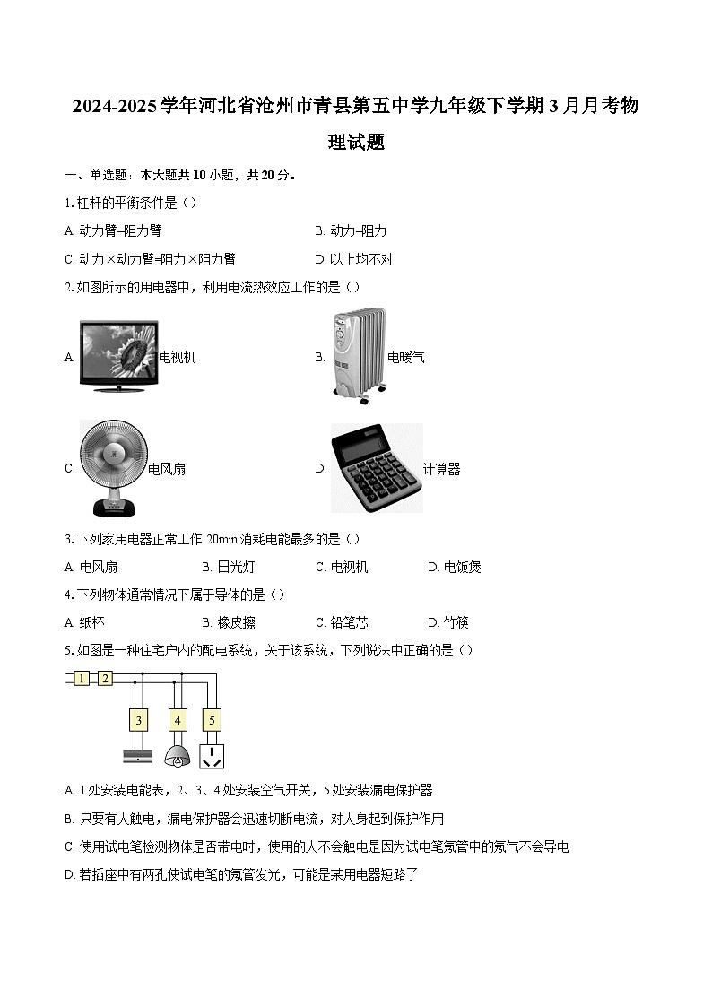 2024-2025学年河北省沧州市青县第五中学九年级下学期3月月考物理试题-自定义类型第1页