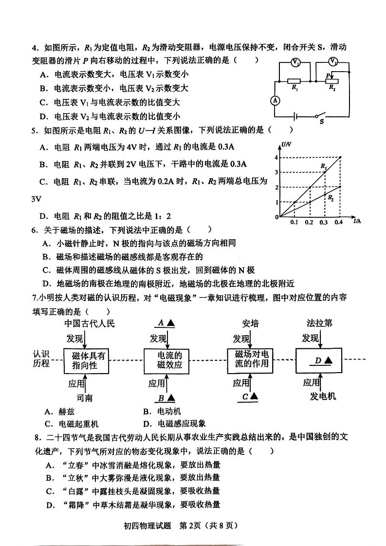 山东省淄博市临淄区2024-2025学年度九年级（五四学制）上学期期末考试物理试题第2页