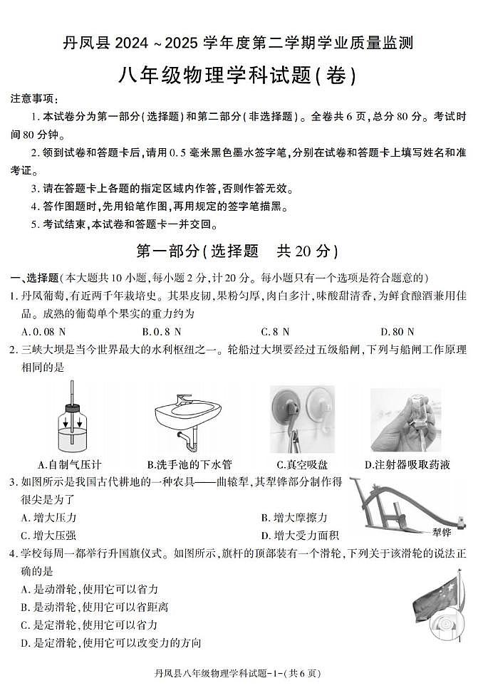 陕西省商洛市丹凤县2024-2025学年八年级下学期期末考试物理试卷第1页