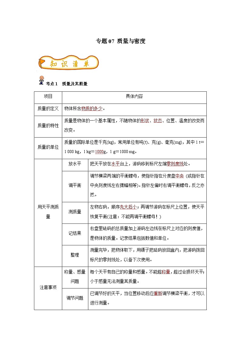 中考物理一轮复习考点精练（基础+提升）专题07 质量与密度(解析版)第1页
