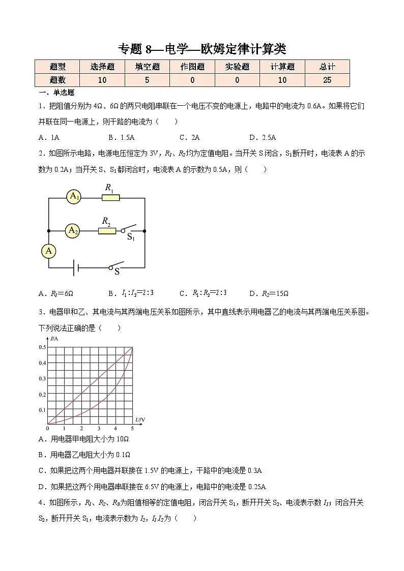 中考物理一轮复习计算题专项练习专题8—电学—欧姆定律计算类（原卷版）第1页