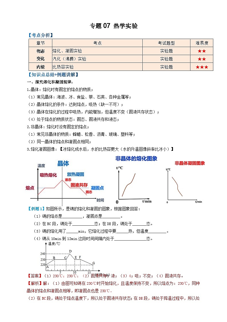 中考物理一轮复习考点精讲+过关练习专题07热学实验 （解析版）第1页