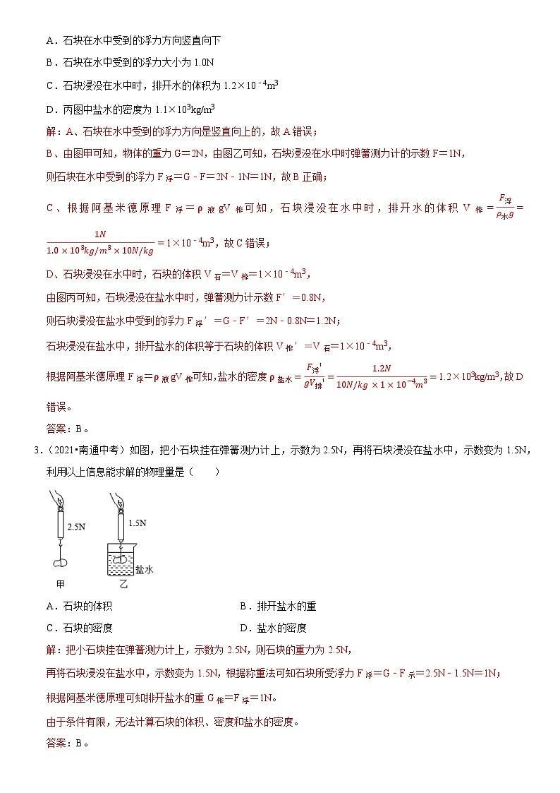 中考物理二轮复习考点精讲精练专题19 阿基米德原理与浮力计算（解析版）第3页