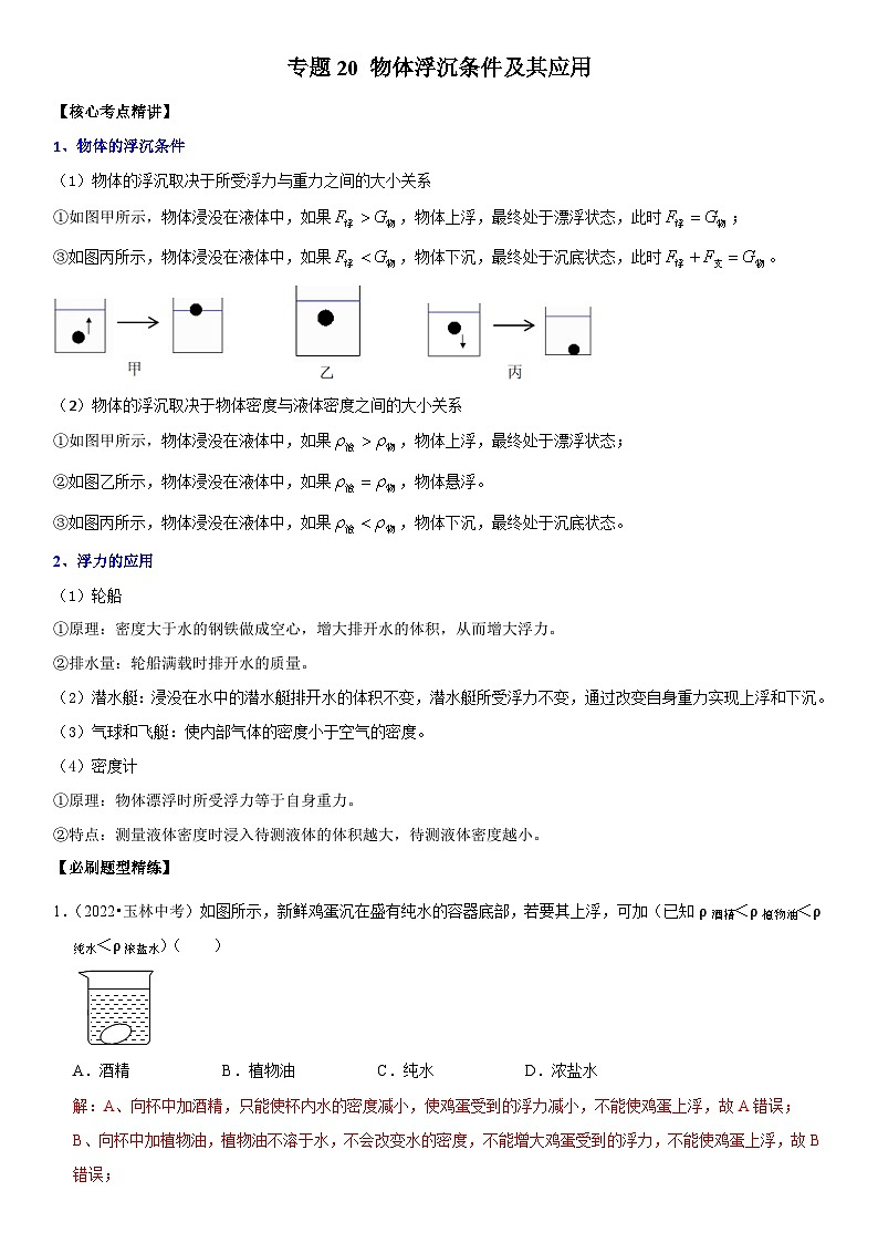 中考物理二轮复习考点精讲精练专题20 物体浮沉条件及其应用（解析版）第1页