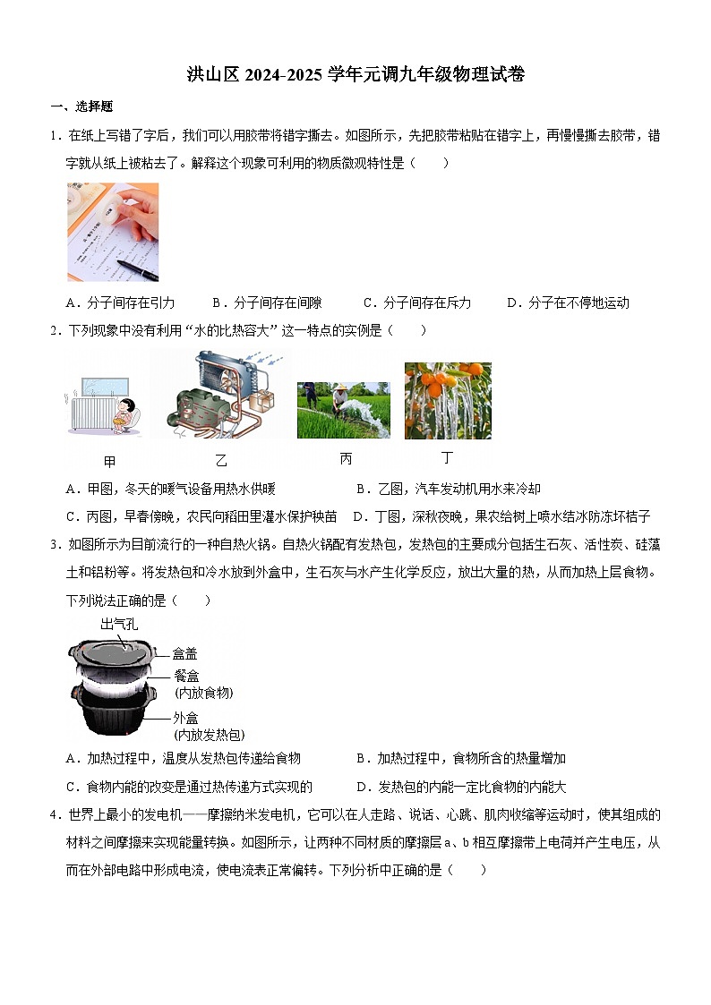 湖北省武汉市洪山区2024-2025学年九年级上学期期末考试物理试题（含答案）第1页