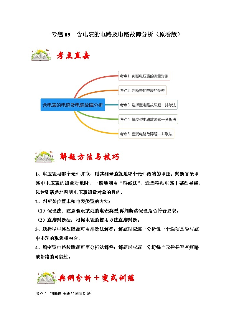 （人教版）九年级上册期末复习练习专题09 含电表的电路及电路故障分析（原卷版）第1页