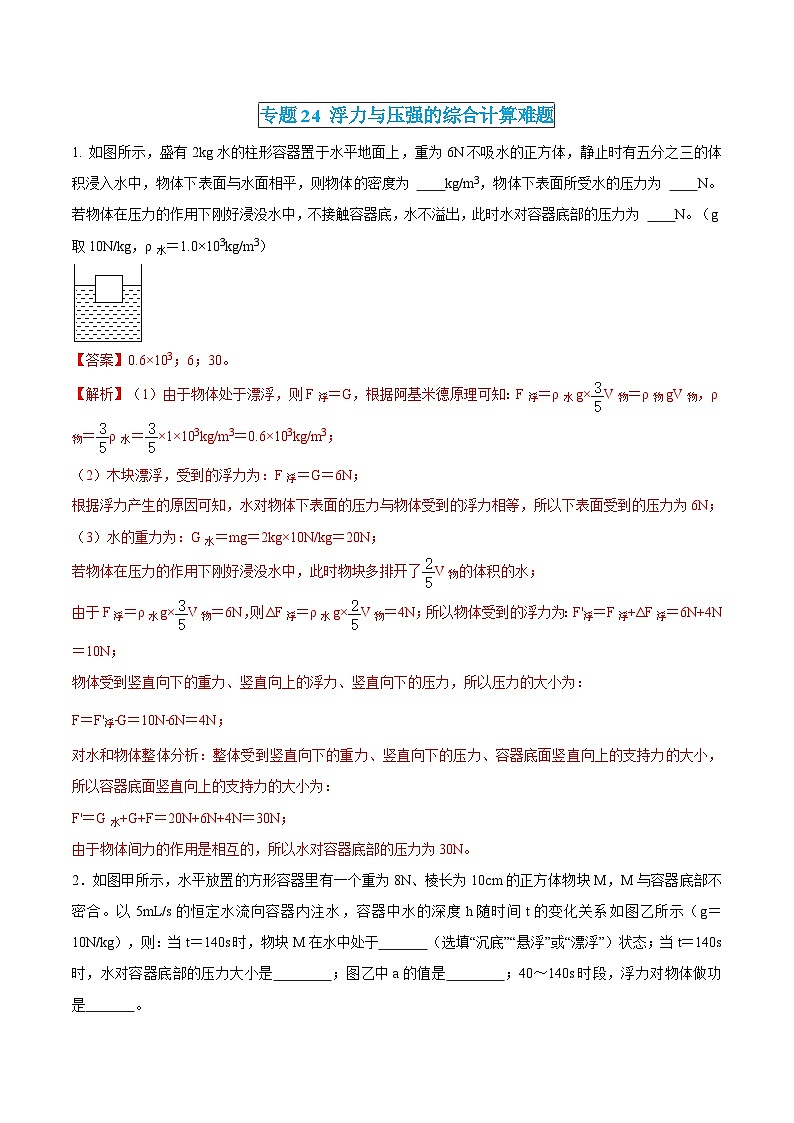 中考物理三轮冲刺练习专题24 浮力与压强的综合计算难题（解析版） 第1页