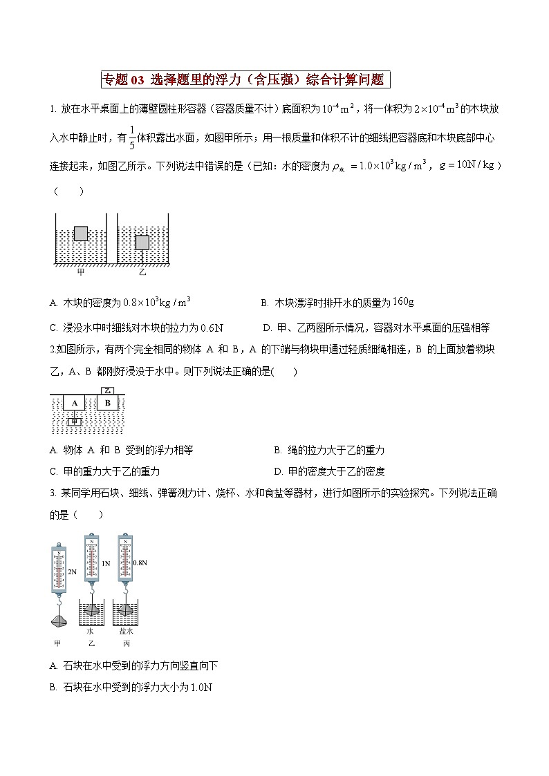 中考物理二轮复习压轴题精练专题03 选择填空题里的浮力（含压强）综合计算问题（原卷版） 第1页