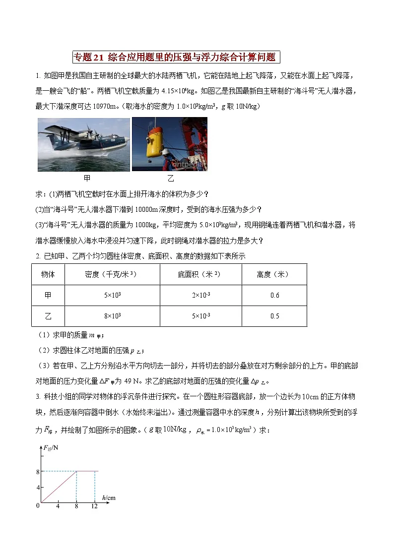中考物理二轮复习压轴题精练专题21 综合应用题里的压强与浮力综合计算问题（原卷版） 第1页