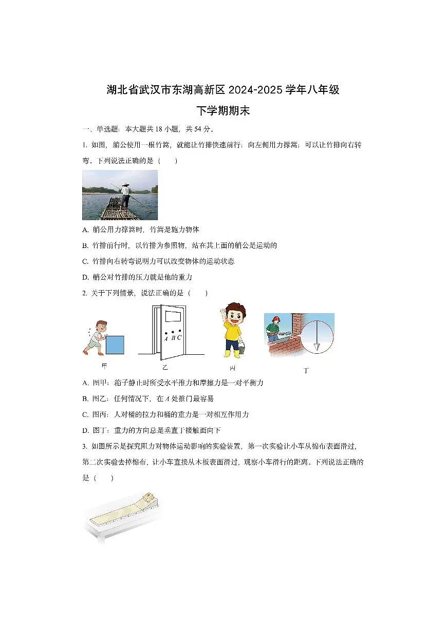 湖北省武汉市东湖高新区2024-2025学年八年级下学期期末物理试卷（学生版）第1页