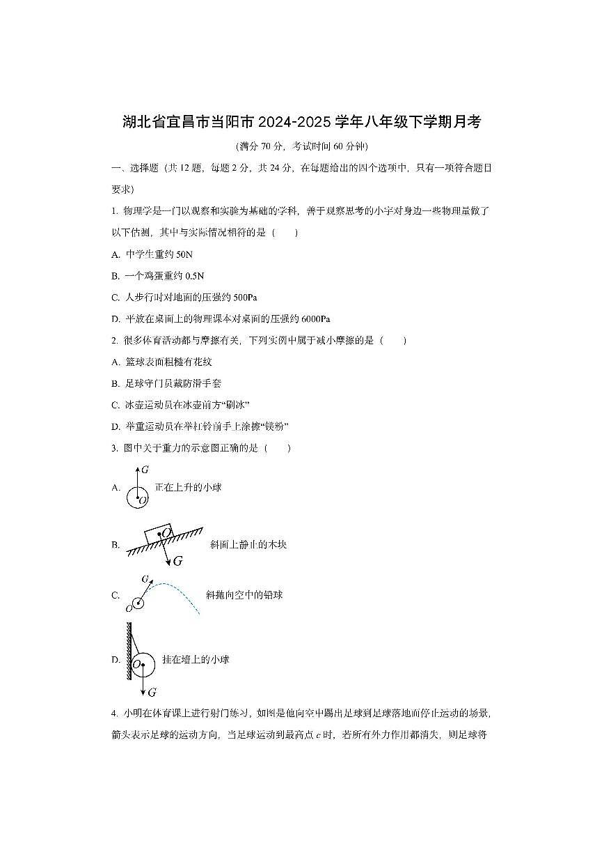 湖北省宜昌市当阳市2024-2025学年八年级下学期3月月考物理试卷（学生版）第1页