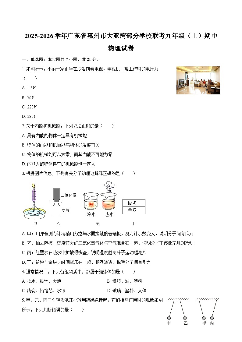 2025-2026学年广东省惠州市大亚湾部分学校联考九年级（上）期中物理试卷-自定义类型第1页