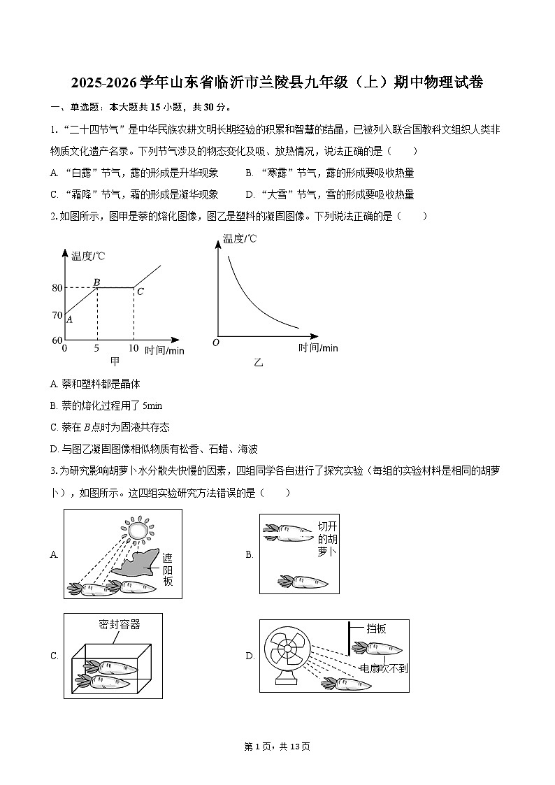 2025-2026学年山东省临沂市兰陵县九年级（上）期中物理试卷-自定义类型第1页