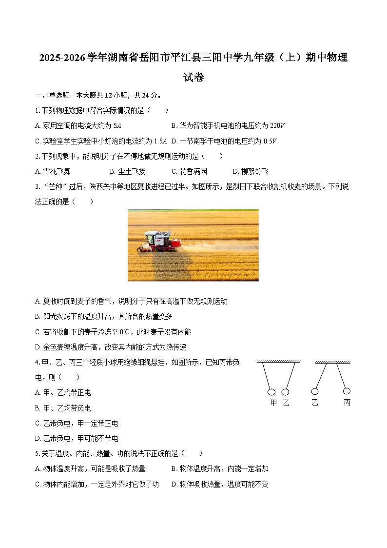 2025-2026学年湖南省岳阳市平江县三阳中学九年级（上）期中物理试卷-自定义类型第1页