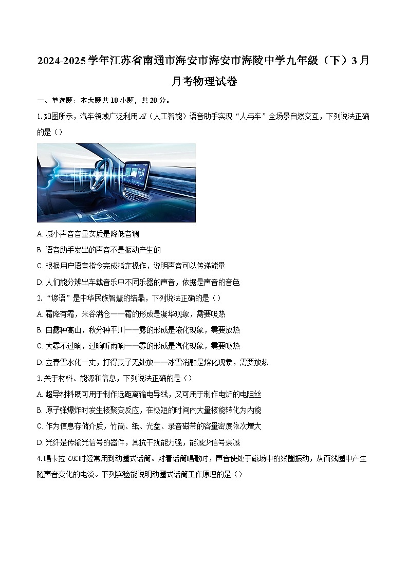 2024-2025学年江苏省南通市海安市海安市海陵中学九年级（下）3月月考物理试卷-自定义类型第1页