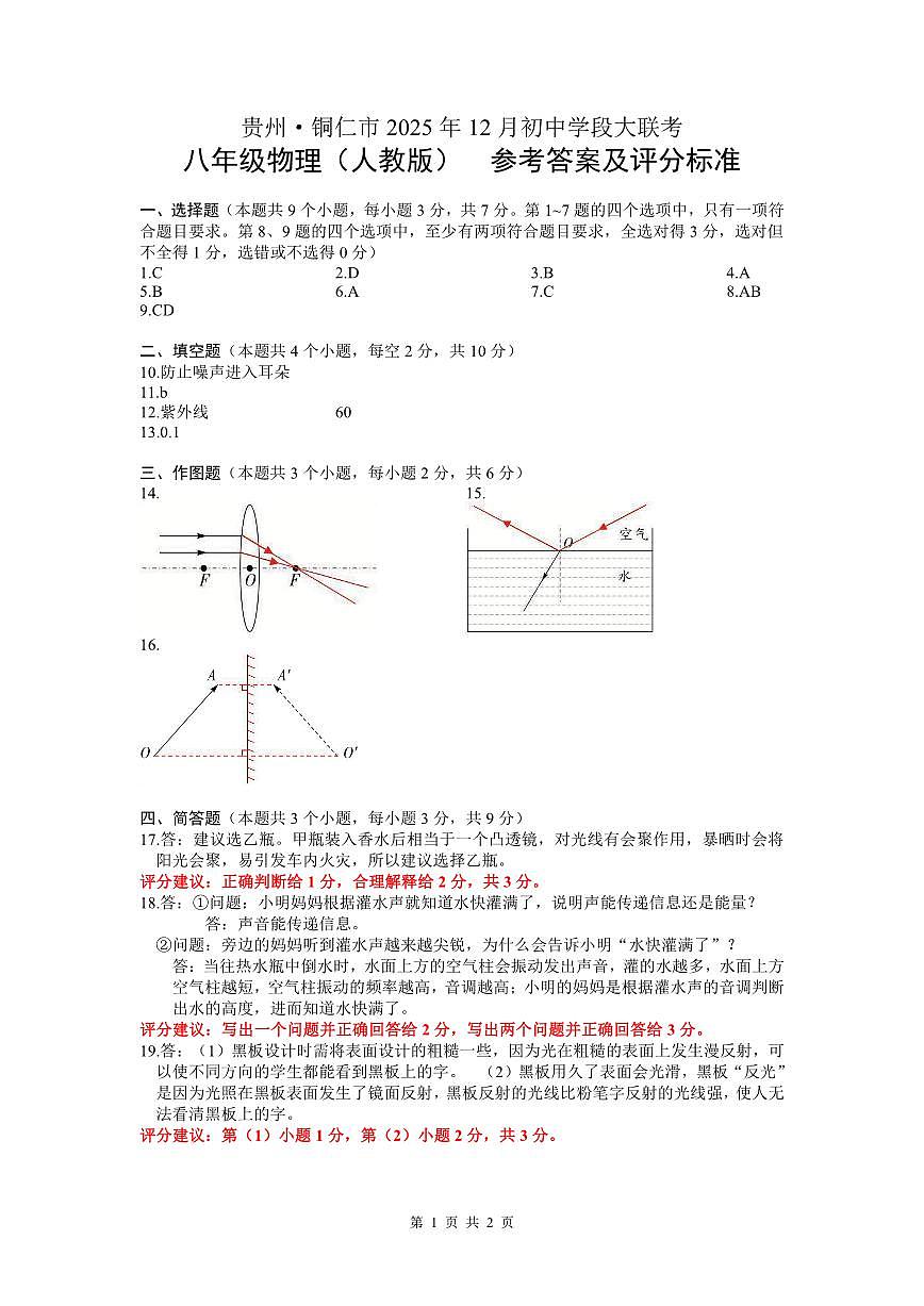 大联考-八年级物理（人教版）-参考答案及评分标准(1)第1页