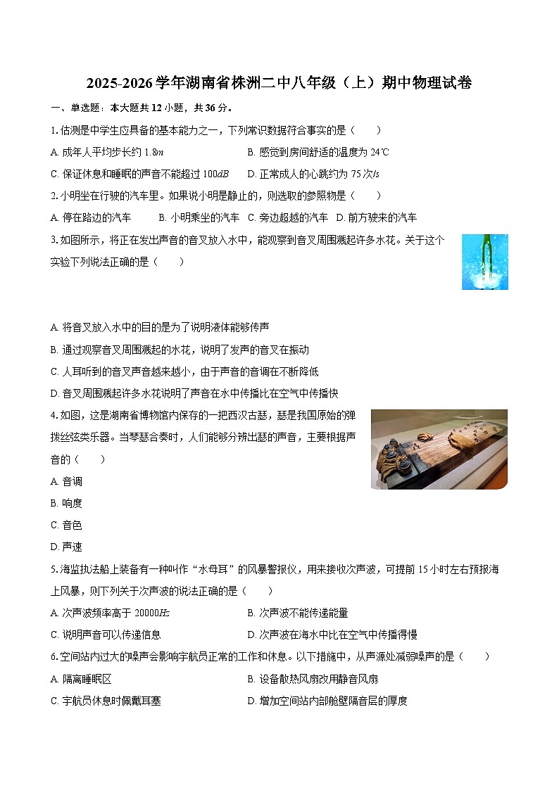 2025-2026学年湖南省株洲二中八年级（上）期中物理试卷-自定义类型第1页