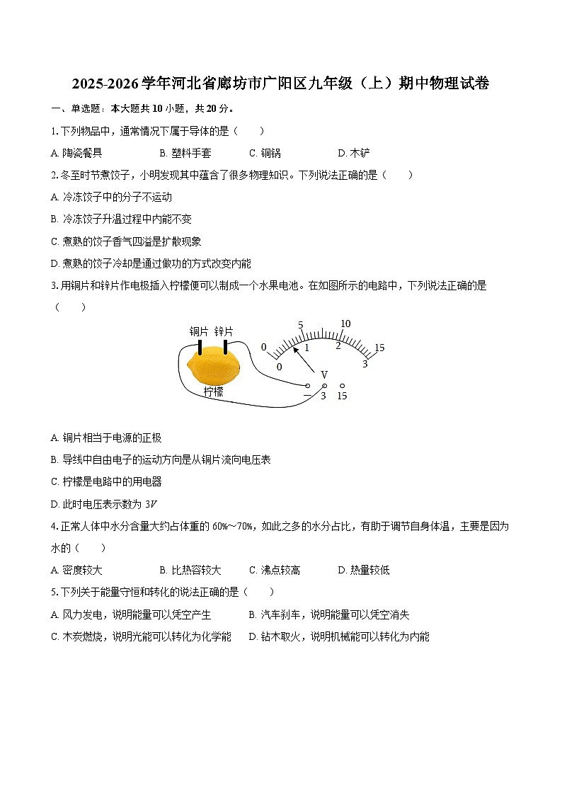 2025-2026学年河北省廊坊市广阳区九年级（上）期中物理试卷-自定义类型第1页