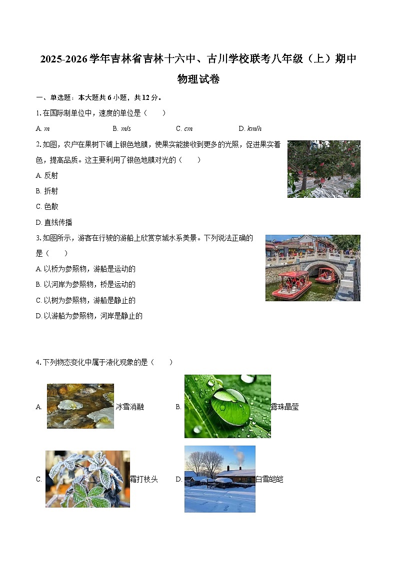 2025-2026学年吉林省吉林十六中、古川学校联考八年级（上）期中物理试卷-自定义类型第1页