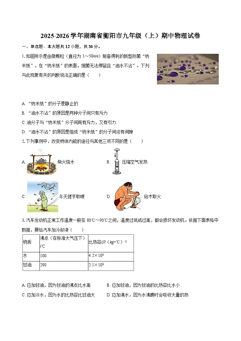 2025-2026学年湖南省衡阳市九年级（上）期中物理试卷-自定义类型第1页