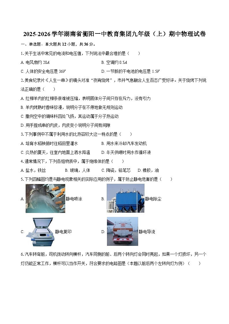 2025-2026学年湖南省衡阳一中教育集团九年级（上）期中物理试卷-自定义类型第1页