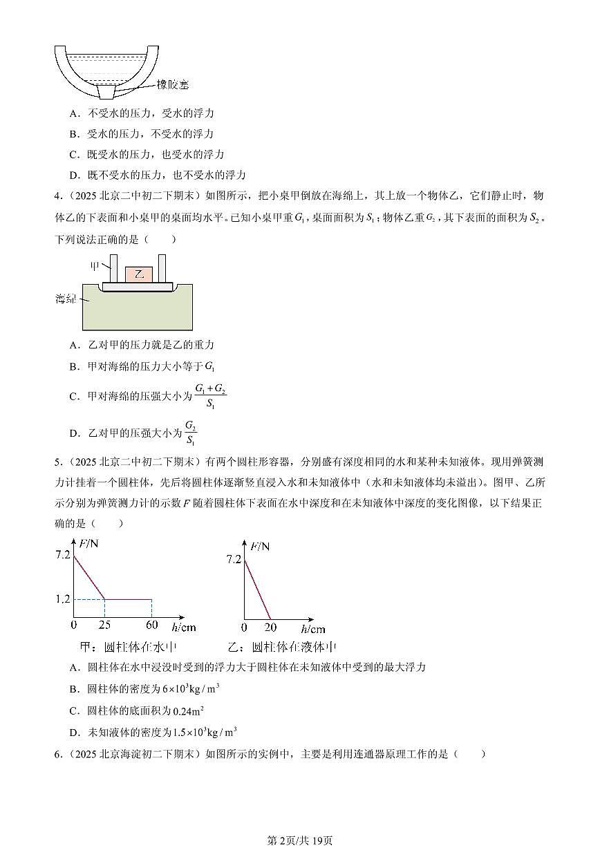 2025北京初二（下）期末物理汇编：压强与浮力章节综合（京改版）（选择题）2第2页