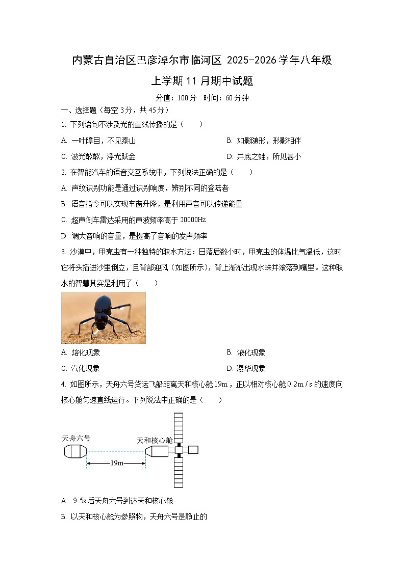 内蒙古自治区巴彦淖尔市临河区2025-2026学年八年级上学期11月期中物理试卷（学生版）第1页