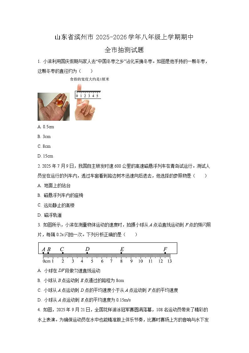 山东省滨州市2025-2026学年八年级上学期期中全市抽测物理试卷（学生版）第1页