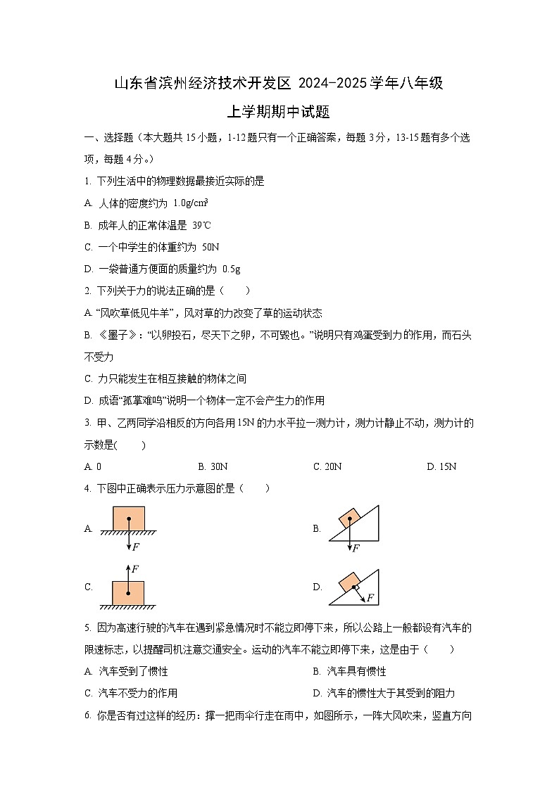山东省滨州经济技术开发区2024-2025学年八年级上学期期中物理试卷（学生版）第1页