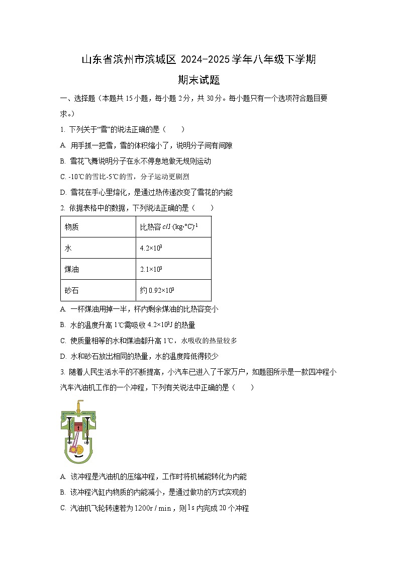 山东省滨州市滨城区2024-2025学年八年级下学期期末物理试卷（学生版）第1页