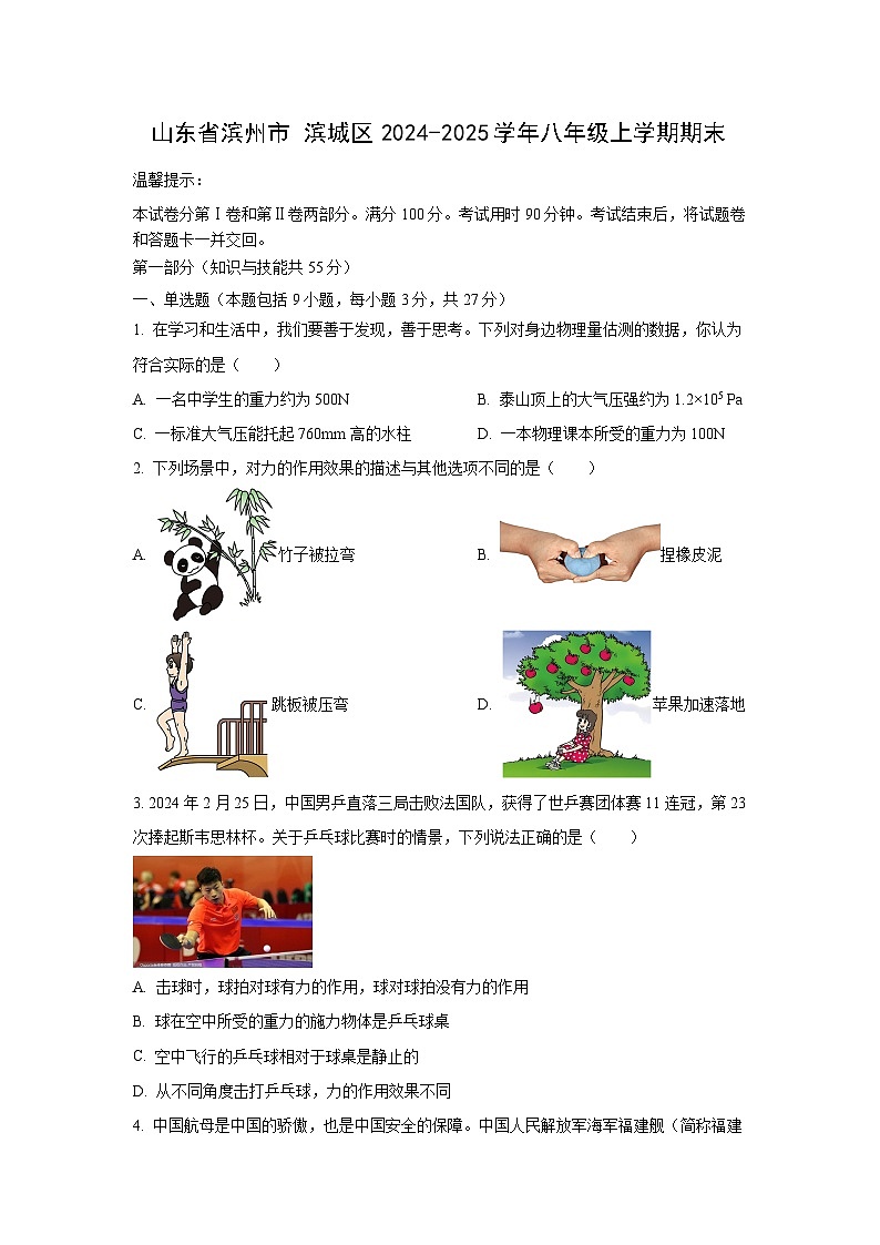 山东省滨州市 滨城区2024-2025学年八年级上学期期末物理试卷（学生版）第1页