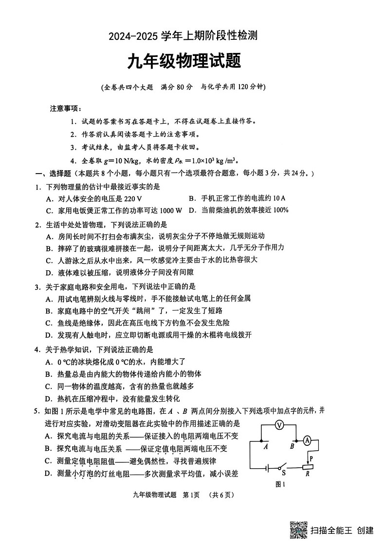 重庆市2024-2025学年九年级上学期1月期末物理试题第1页