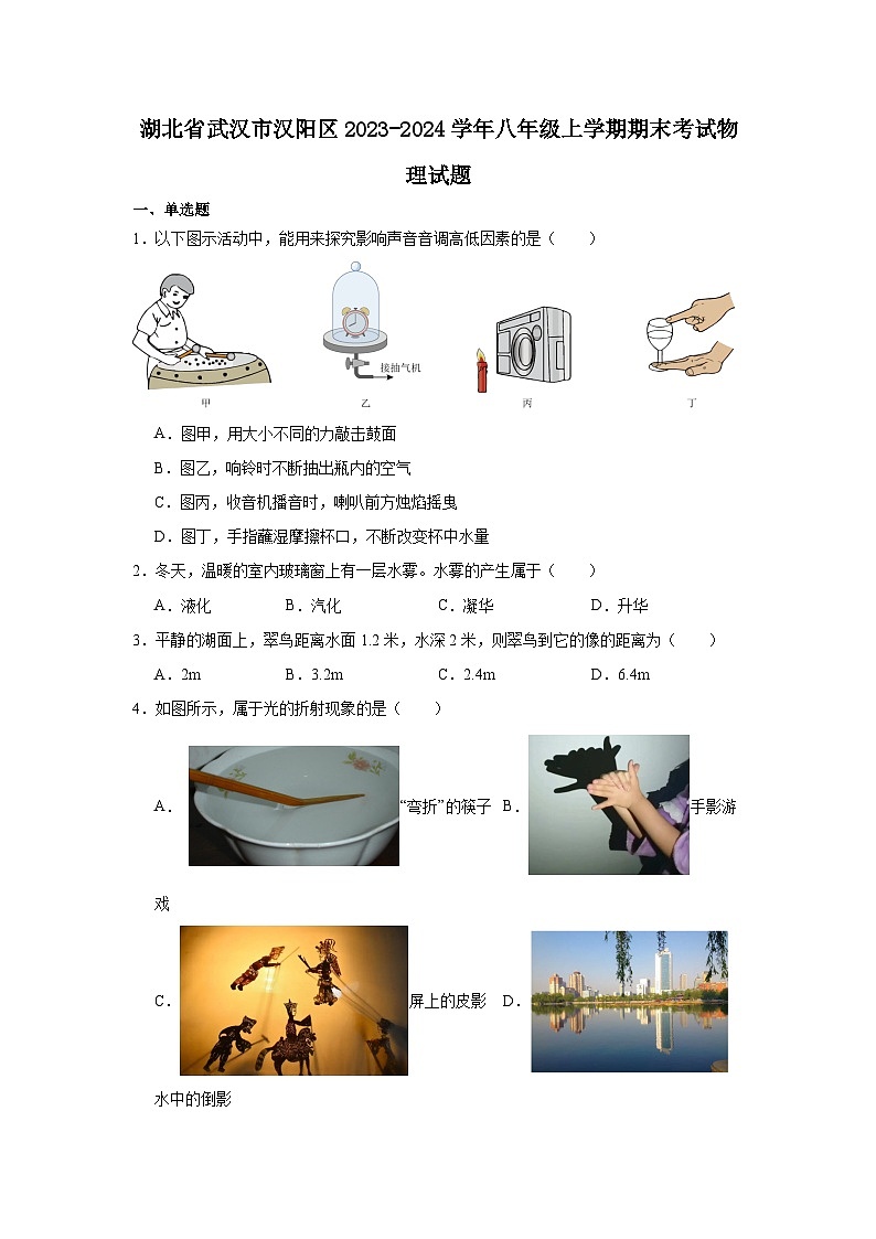 2023-2024武汉市汉阳区八年级上学期期末考试物理试题第1页