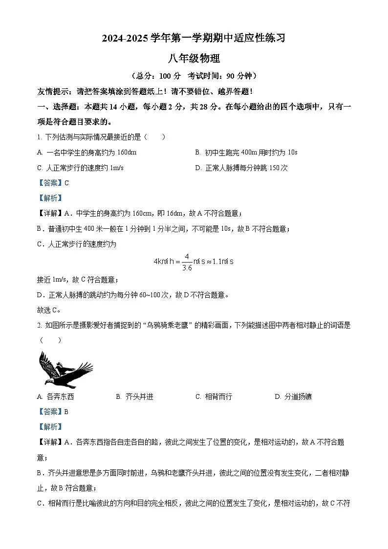 福建省漳州市龙海区漳州台商区第一中学八年级上学期11月期中物理试题（解析版）-A4第1页