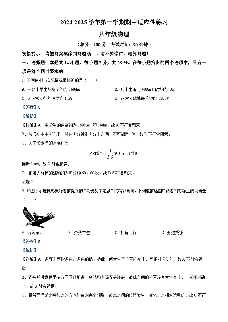 福建省漳州市龙海区漳州台商区第一中学八年级上学期11月期中物理试题（解析版）-A4第1页