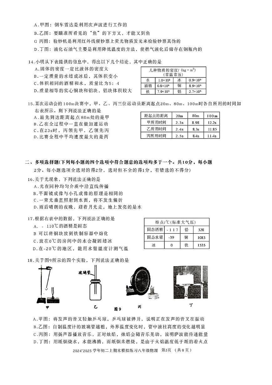 北京市三帆中学2024—2025学年度八年级上学期期末测试物理试题第3页